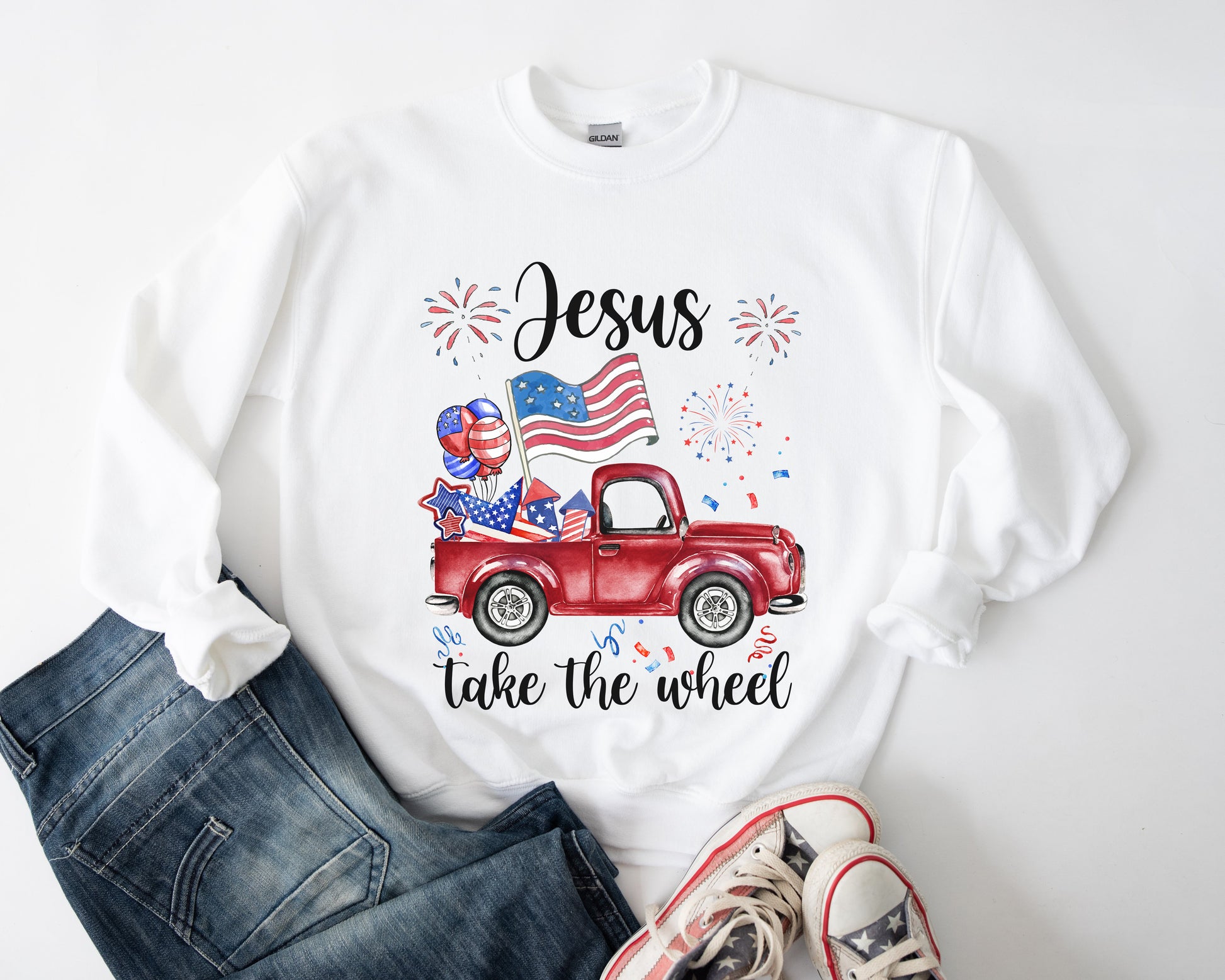 Tee Art Online - Jesus Vintage Truck Firework Sweatshirt | Veteran Day - Memorial Day - Independence Day, US Patriot Day Design | American Pride - White