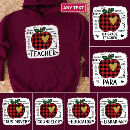 Tee Art Online - Valentine Typography Cute Red Apple Buffalo Plaid LOVE Teacher Personalized Hoodie | Valentine's Day Kawaii Cute Gifts | Teacher Design - Maroon