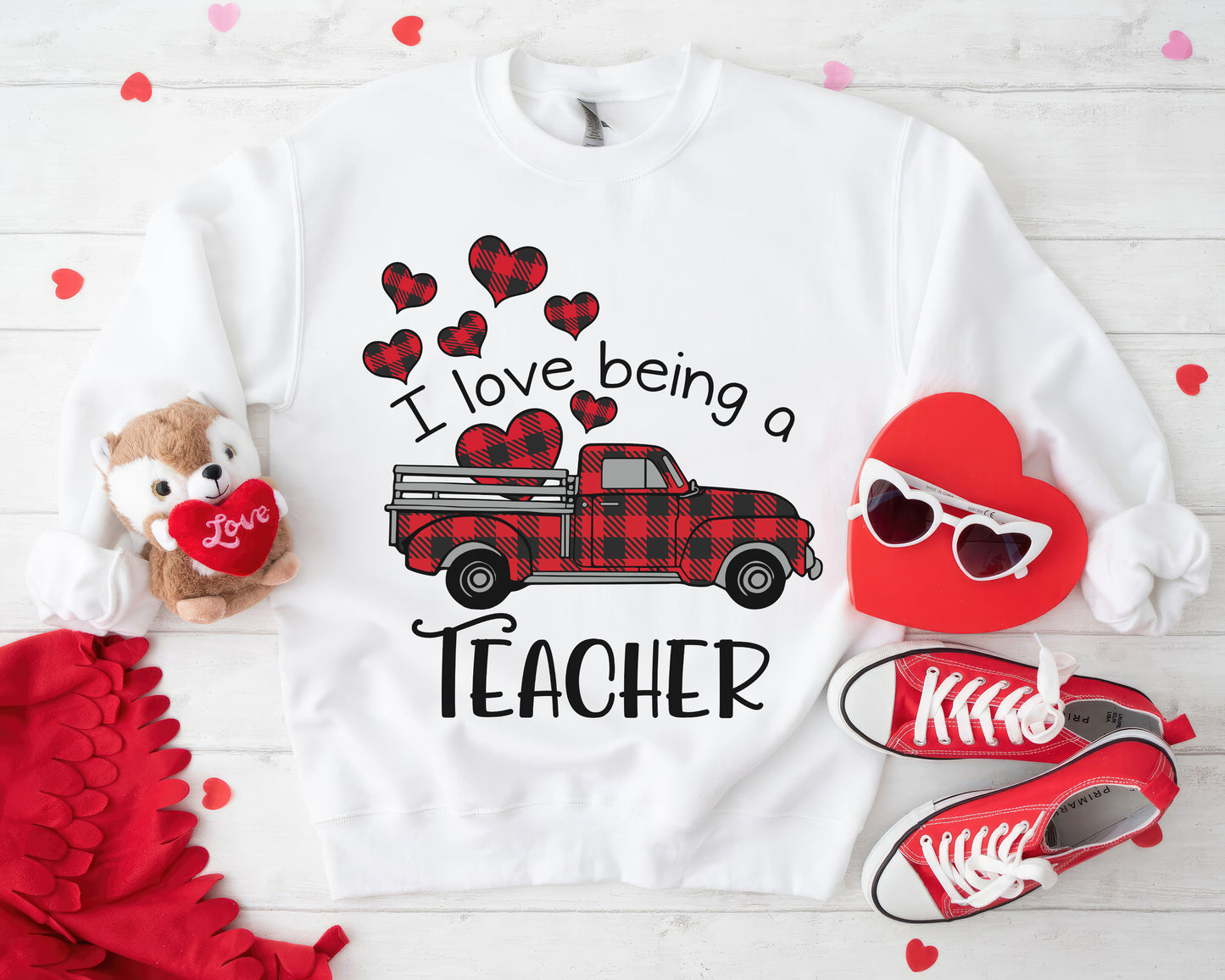 Tee Art Online - Valentine I Love Being A Teacher Personalized Sweatshirt | Valentine's Day Kawaii Cute | Education Teacher Customized Design - White