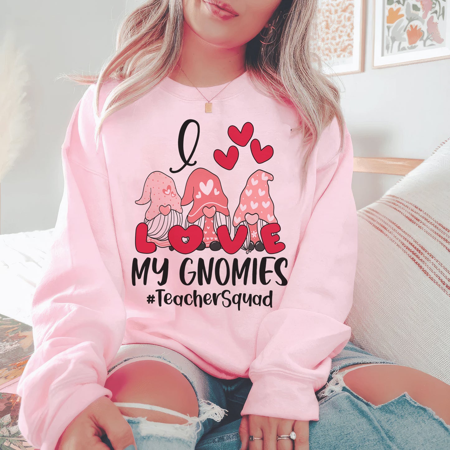 Tee Art Online - Valentine I Love My Gnomies Personalized Sweatshirt | Valentine's Day Kawaii Cute Sweatshirts | Customized Teacher Design | Red Heart
