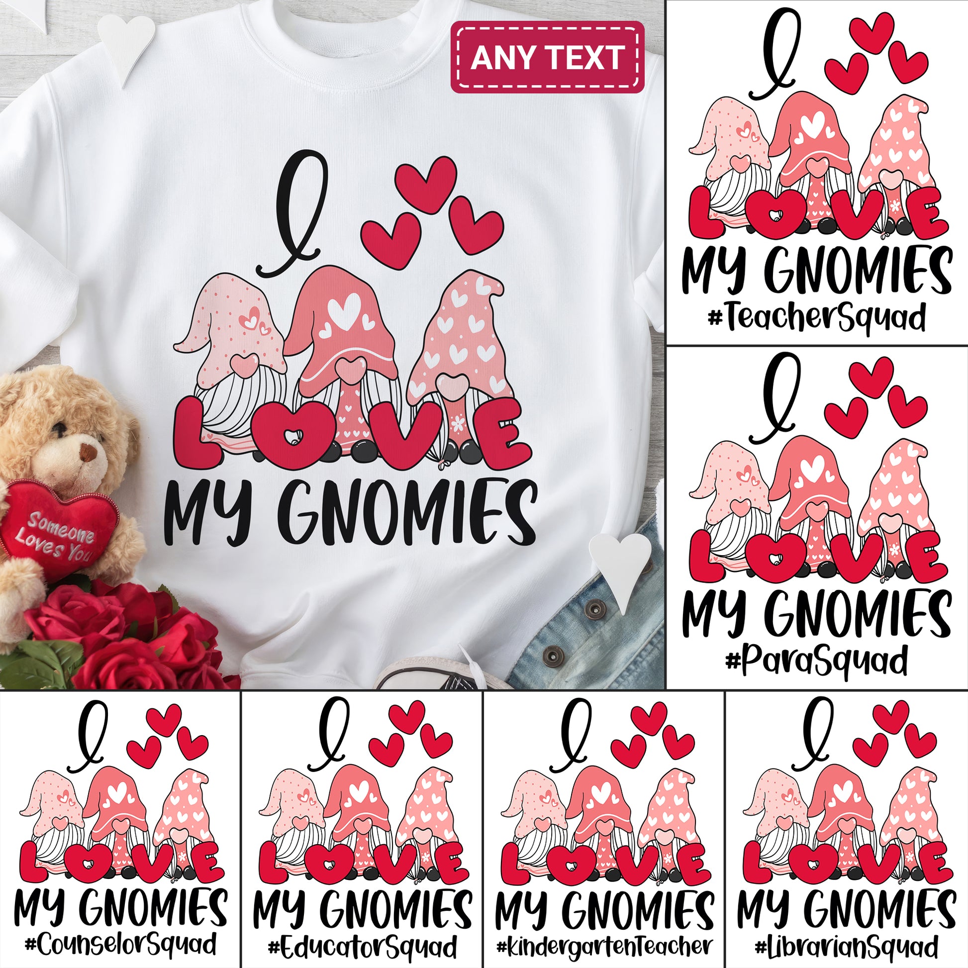 Tee Art Online - Valentine I Love My Gnomies Personalized Sweatshirt | Valentine's Day Kawaii Cute Sweatshirts | Customized Teacher Design | Red Heart