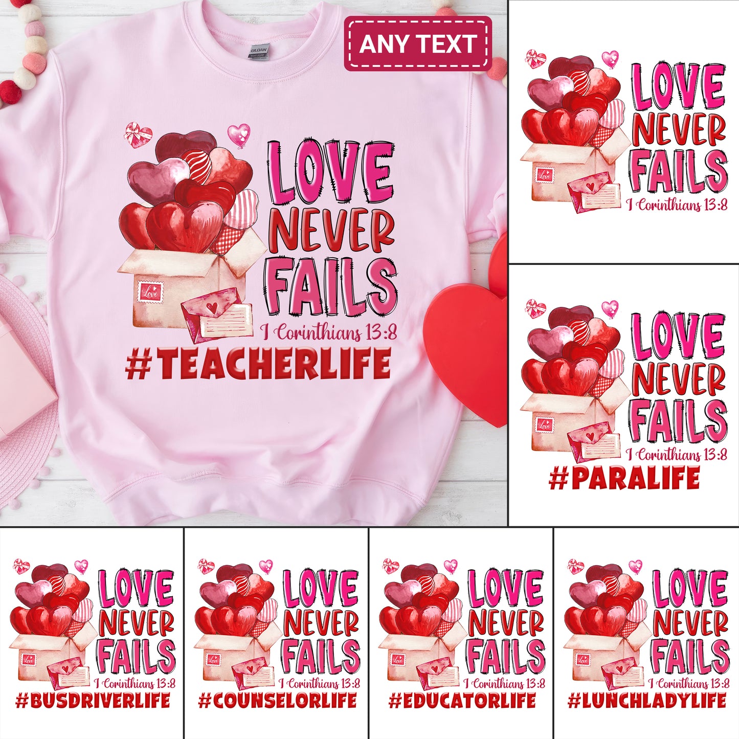 Tee Art Online - Valentine Watercolor Love Never Fails Personalized Sweatshirt | Valentine's Day Kawaii Cute Teacher Gifts | I Corinthians 13:8 quotes 