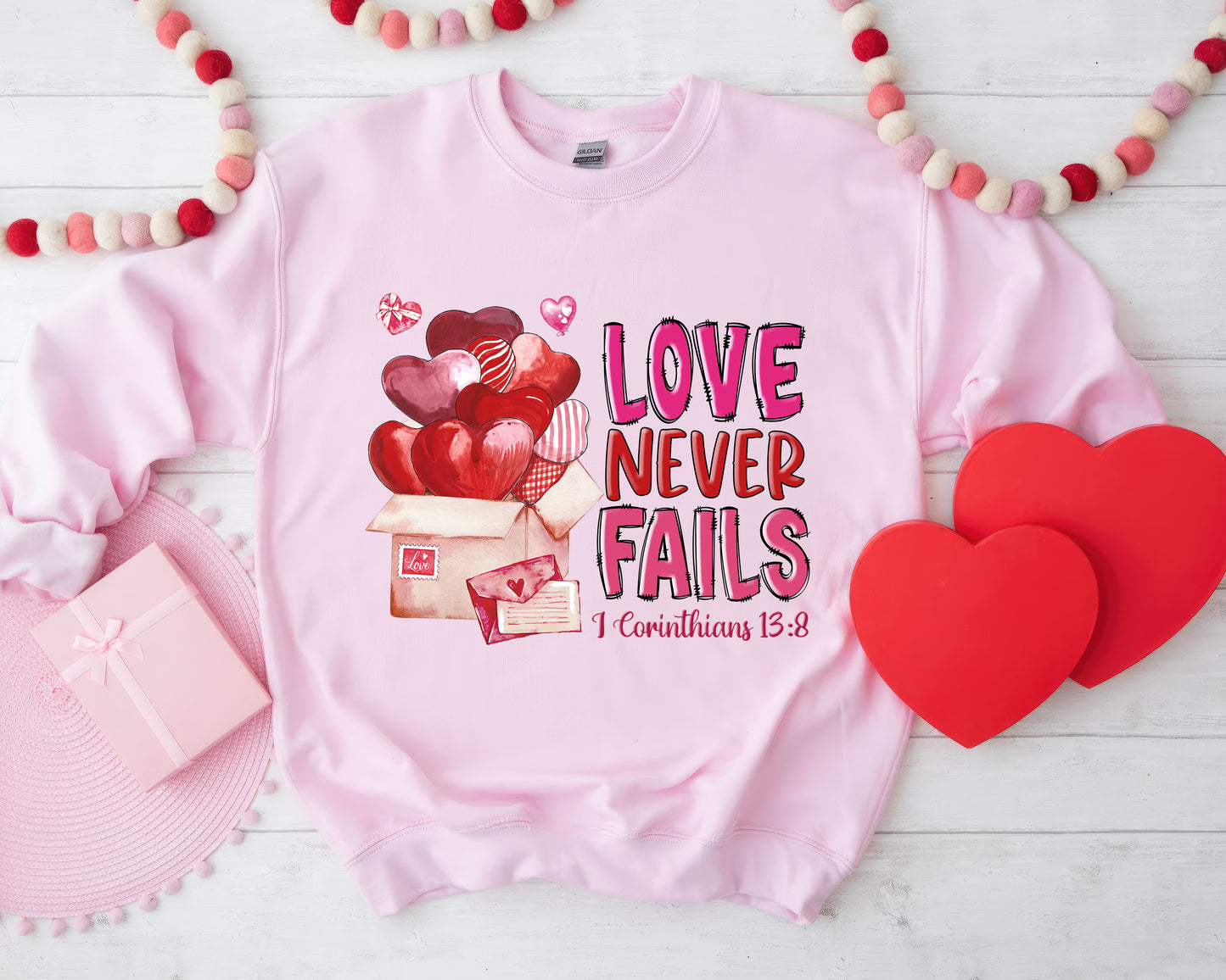 Tee Art Online - Valentine Watercolor Love Never Fails Personalized Sweatshirt | Valentine's Day Kawaii Cute Teacher Gifts | I Corinthians 13:8 quotes - No Text