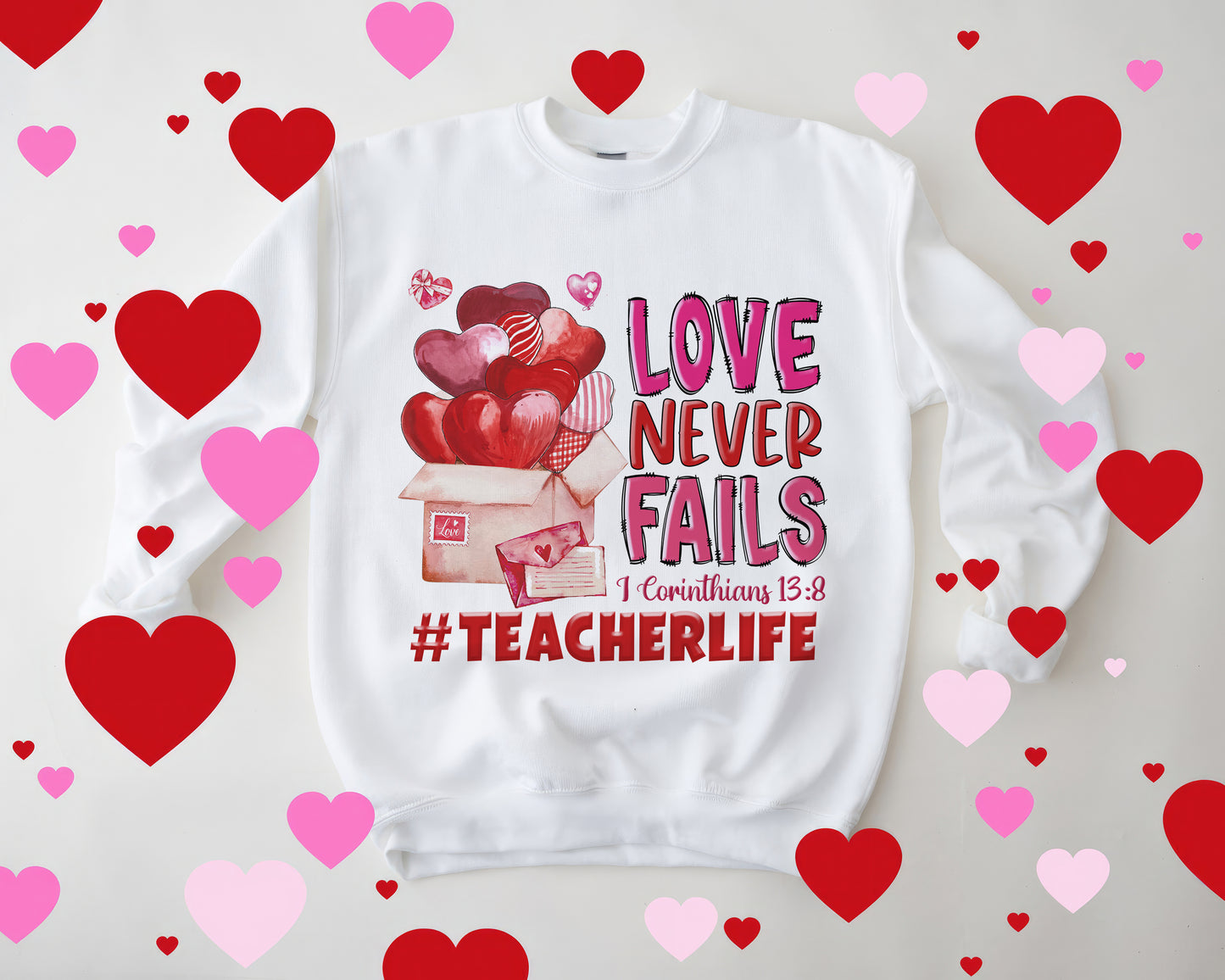 Tee Art Online - Valentine Watercolor Love Never Fails Personalized Sweatshirt | Valentine's Day Kawaii Cute Teacher Gifts | I Corinthians 13:8 quotes - White