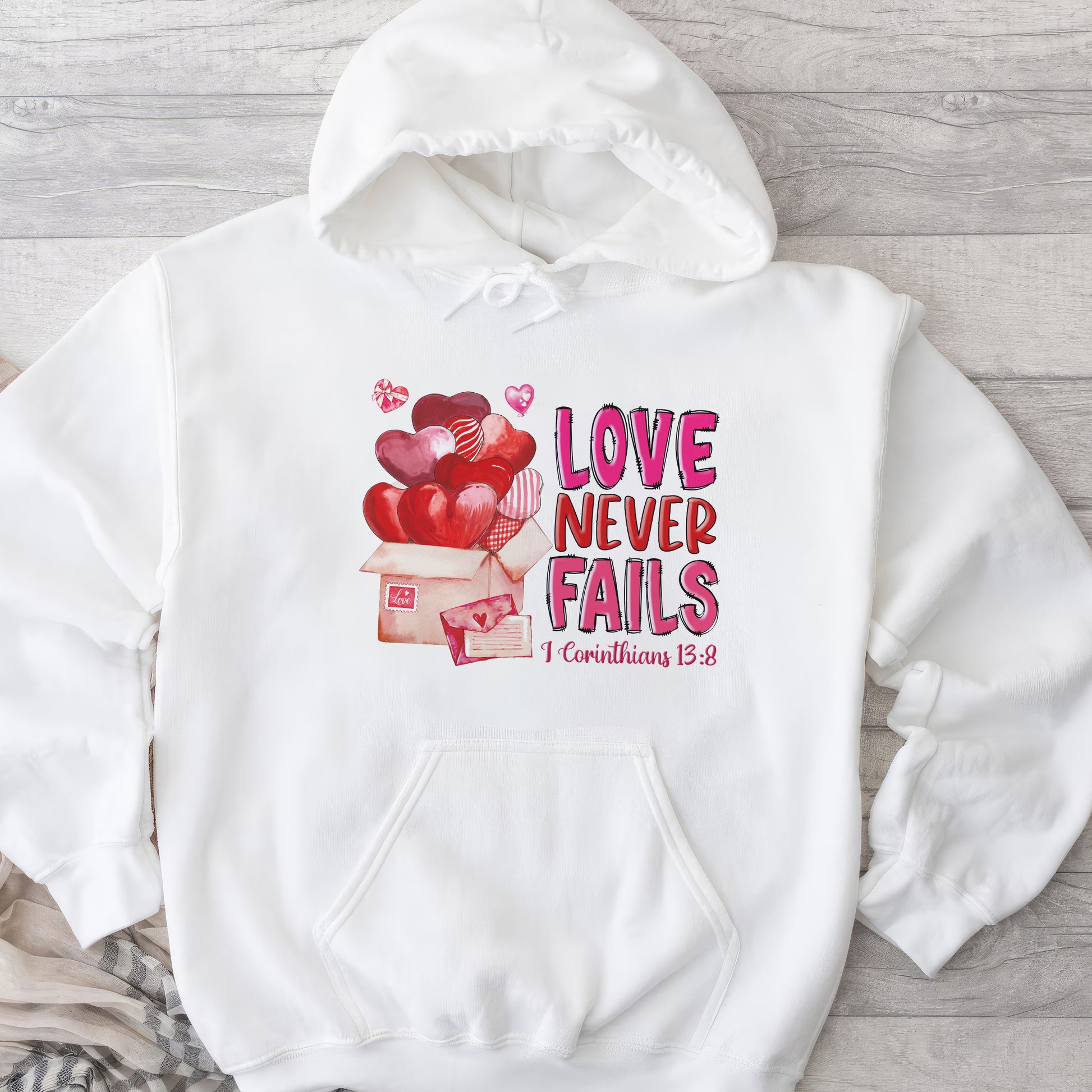Tee Art Online - Valentine Watercolor Love Never Fails Personalized Hoodie | Valentine's Day Kawaii Cute Teacher Gifts| I Corinthians 13:8 quotes - White