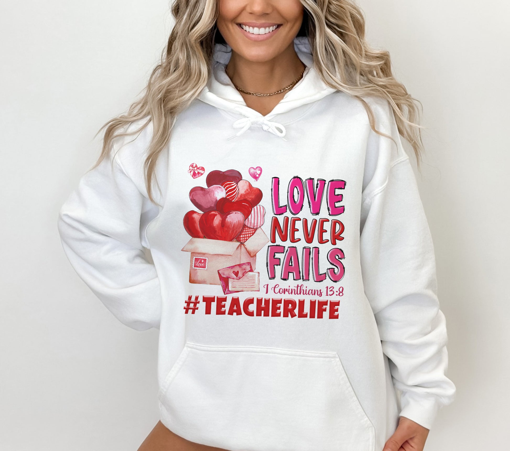 Tee Art Online - Valentine Watercolor Love Never Fails Personalized Hoodie | Valentine's Day Kawaii Cute Teacher Gifts| I Corinthians 13:8 quotes - White