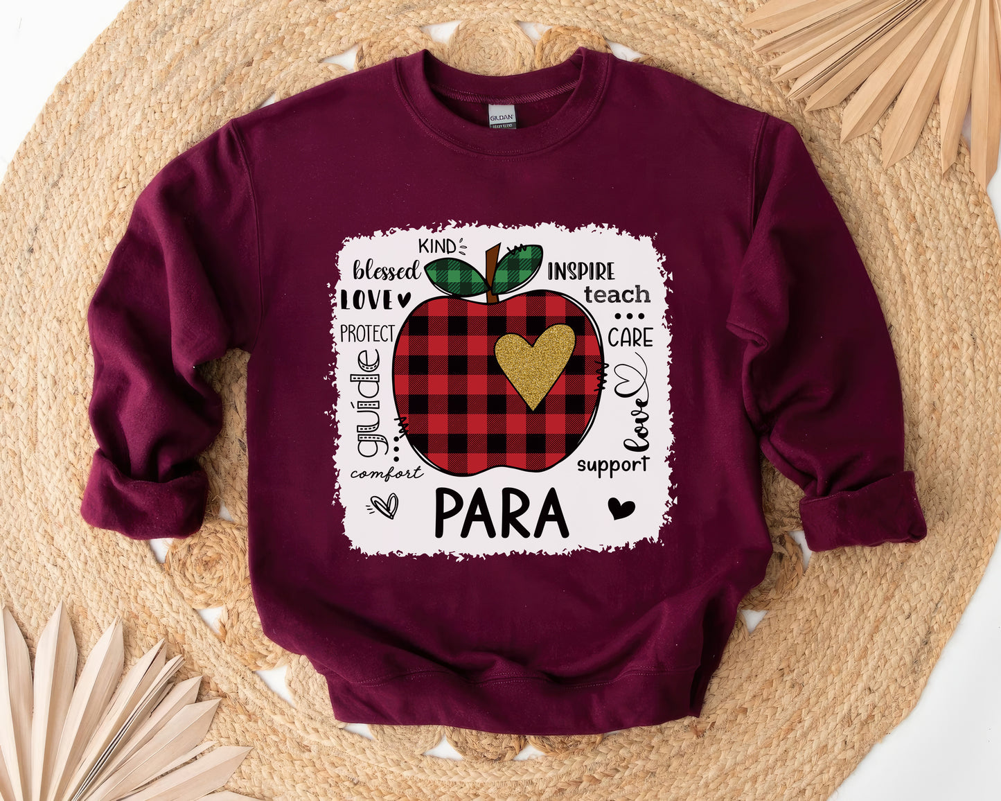 Tee Art Online - Valentine Typography Cute Red Apple Buffalo Plaid LOVE Teacher Personalized Sweatshirt | Valentine's Day Kawaii Cute Gifts | Teacher Design - Para