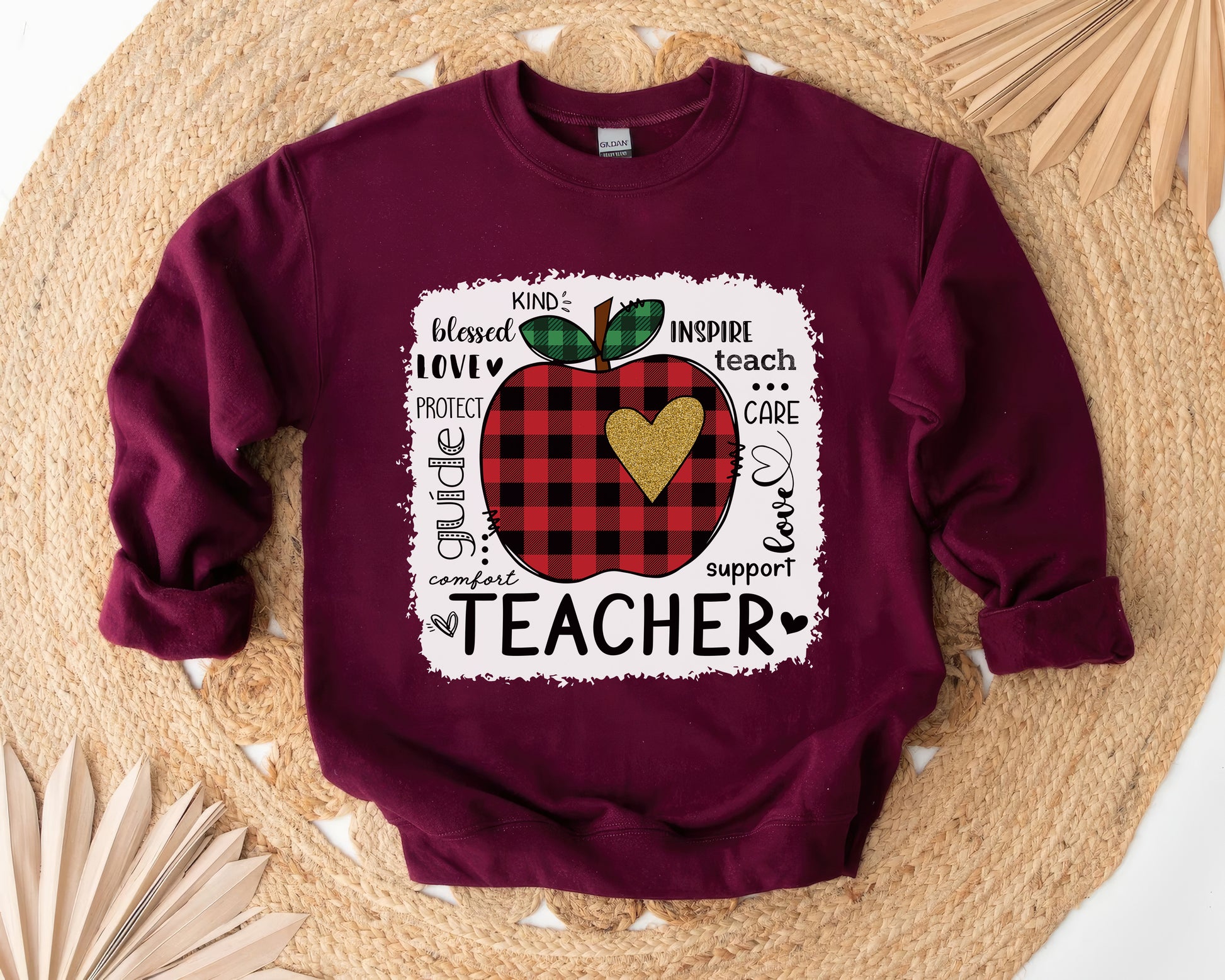 Tee Art Online - Valentine Typography Cute Red Apple Buffalo Plaid LOVE Teacher Personalized Sweatshirt | Valentine's Day Kawaii Cute Gifts | Teacher Design - Maroon