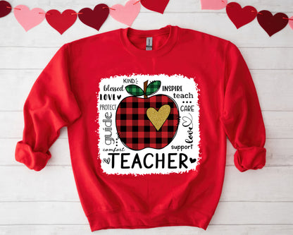 Tee Art Online - Valentine Typography Cute Red Apple Buffalo Plaid LOVE Teacher Personalized Sweatshirt | Valentine's Day Kawaii Cute Gifts | Teacher Design - Red