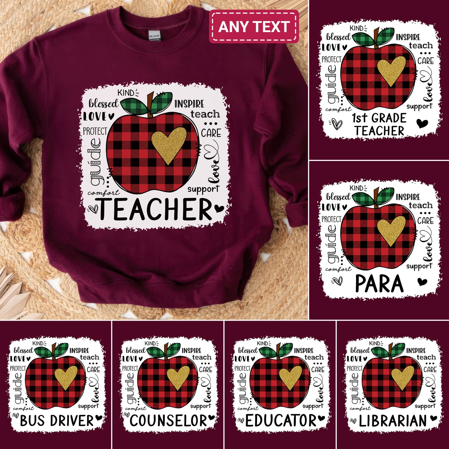 Tee Art Online - Valentine Typography Cute Red Apple Buffalo Plaid LOVE Teacher Personalized Sweatshirt | Valentine's Day Kawaii Cute Gifts | Teacher Design