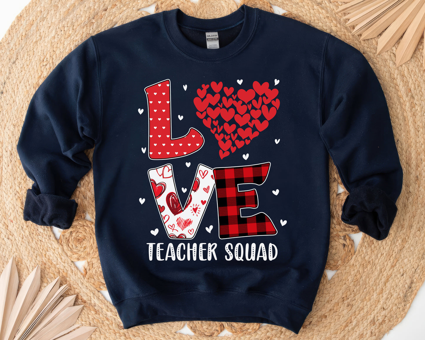 Tee Art Online - Valentine Red Hearts Within Heart LOVE Teacher Personalized Sweatshirt | Valentine's Day Kawaii Cute Gifts | Buffalo Plaid Pattern Design - Navy