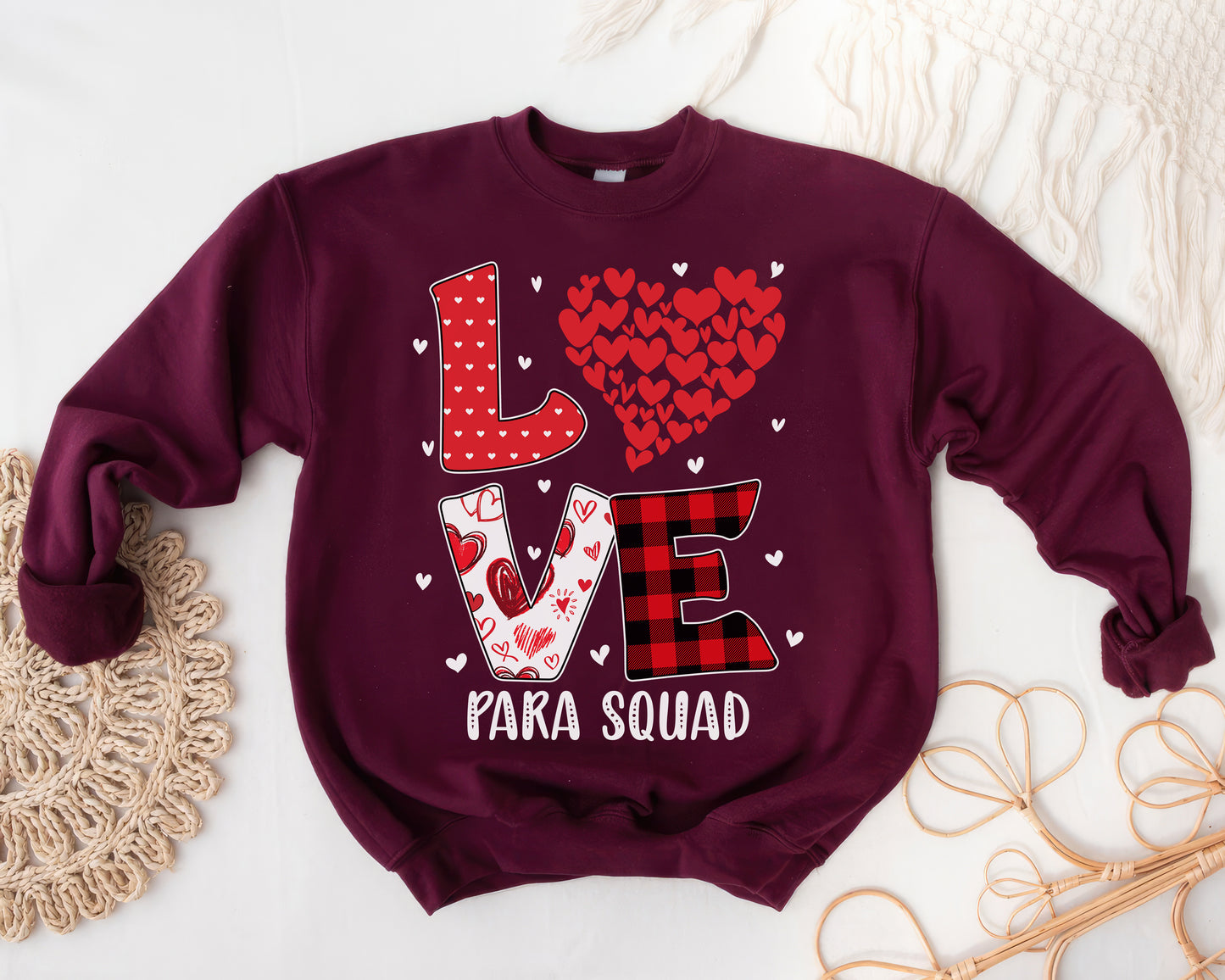 Tee Art Online - Valentine Red Hearts Within Heart LOVE Teacher Personalized Sweatshirt | Valentine's Day Kawaii Cute Gifts | Buffalo Plaid Pattern Design - Para