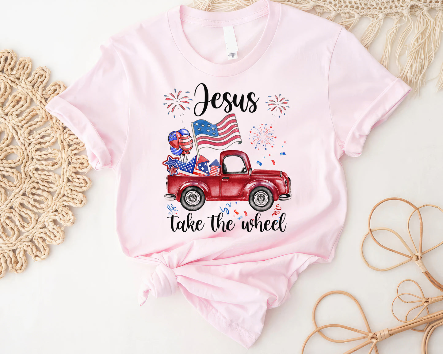 Tee Art Online - Fourth of July Jesus Take The Wheel Vintage Truck Firework Tee | Veteran Day -Memorial Day - US Independence Day Patriot Day Retro Design - pink