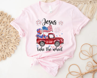 Tee Art Online - Fourth of July Jesus Take The Wheel Vintage Truck Firework Tee | Veteran Day -Memorial Day - US Independence Day Patriot Day Retro Design - pink
