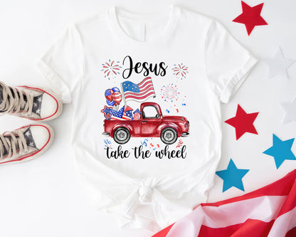 Tee Art Online - Fourth of July Jesus Take The Wheel Vintage Truck Firework Tee | Veteran Day -Memorial Day - US Independence Day Patriot Day Retro Design - White