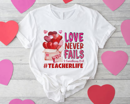 Tee Art Online - Valentine Watercolor Love Never Fails Personalized Tee | Valentine's Day Kawaii Cute Gifts | Teacher Design | I Corinthians 13:8 quotes - White