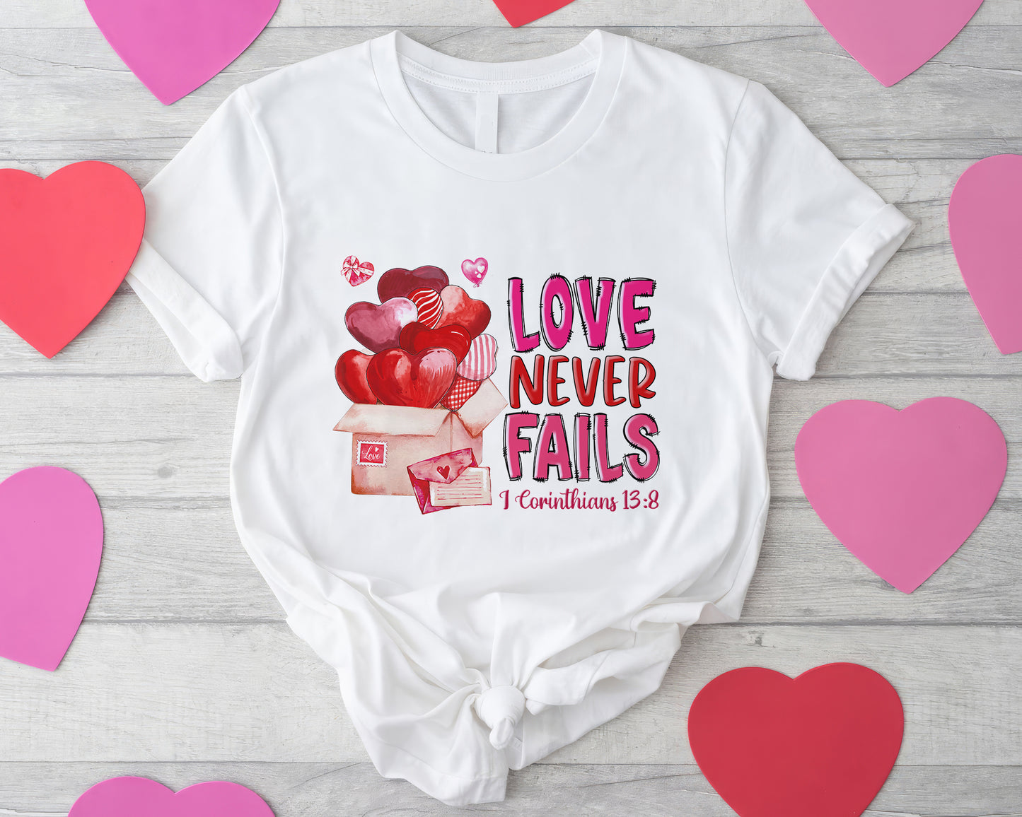 Tee Art Online - Valentine Watercolor Love Never Fails Personalized Tee | Valentine's Day Kawaii Cute Gifts | Teacher Design | I Corinthians 13:8 quotes - No text