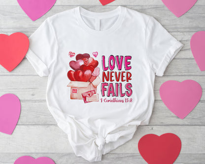 Tee Art Online - Valentine Watercolor Love Never Fails Personalized Tee | Valentine's Day Kawaii Cute Gifts | Teacher Design | I Corinthians 13:8 quotes - No text