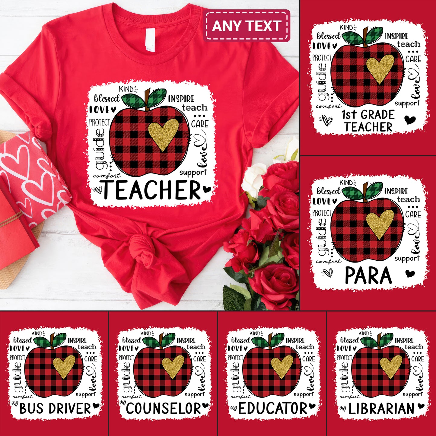Tee Art Online - Valentine Typography Cute Red Apple Buffalo Plaid LOVE Teacher Personalized Tee | Valentine's Day Kawaii Cute Gifts | Teacher Design - Red