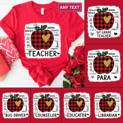 Tee Art Online - Valentine Typography Cute Red Apple Buffalo Plaid LOVE Teacher Personalized Tee | Valentine's Day Kawaii Cute Gifts | Teacher Design - Red