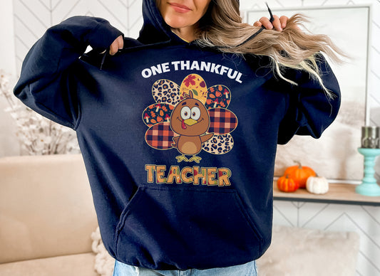 Tee Art Online Autumn One Thankful Turkey Teacher Sweatshirt| HalloThanksMas Halloween Thanksgiving Christmas Autumn Fall Vintage Retro Teacher Design - Navy