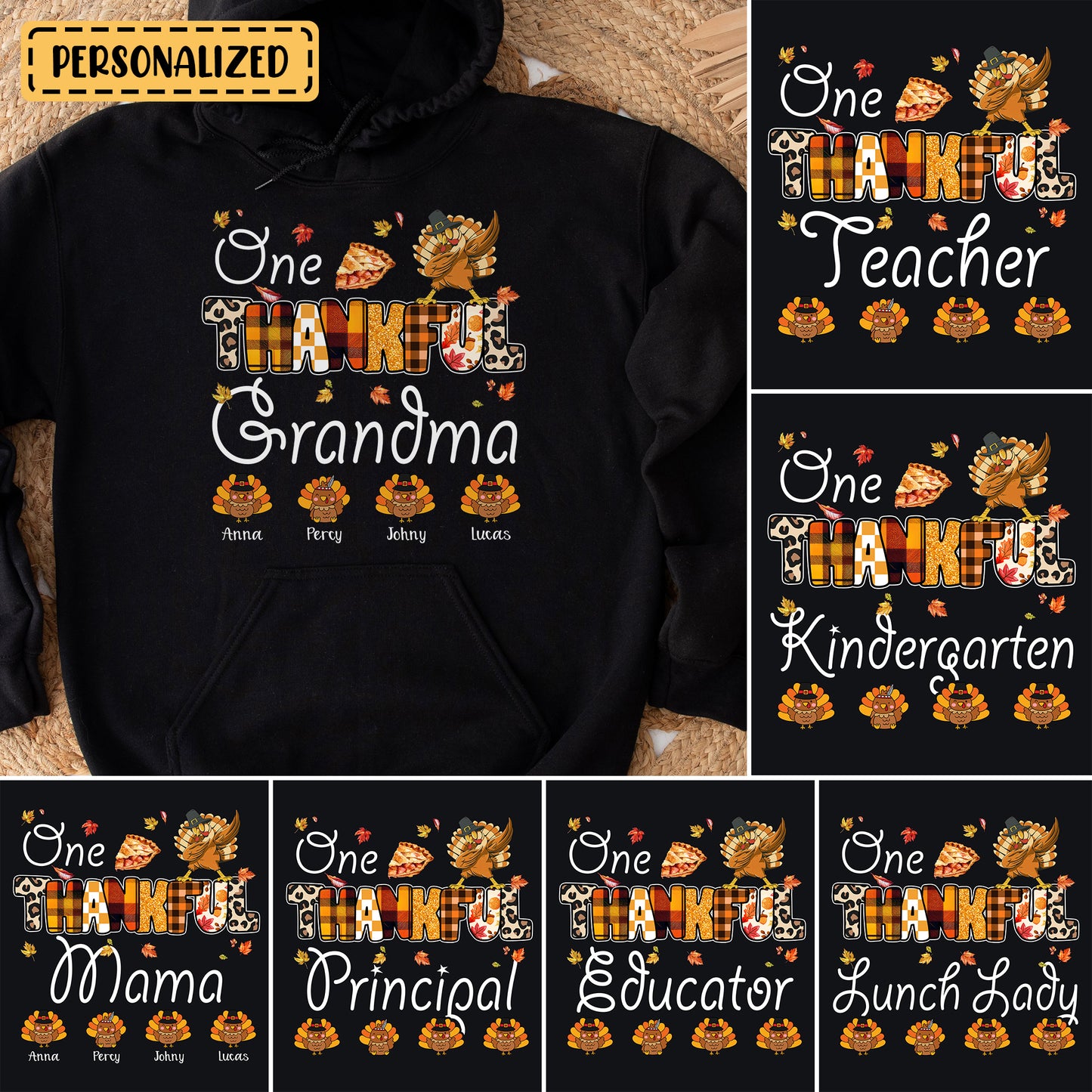 Tee Art Online Autumn One Thankful Grandma with Little Turkey Hoodie | HalloThanksMasCute Turkey Hoodie | Autumn Fall Vintage Retro Teacher Design