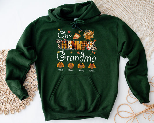 Tee Art Online Autumn One Thankful Grandma with Little Turkey Hoodie | HalloThanksMasCute Turkey Hoodie | Autumn Fall Vintage Retro Teacher Design - Forest Green