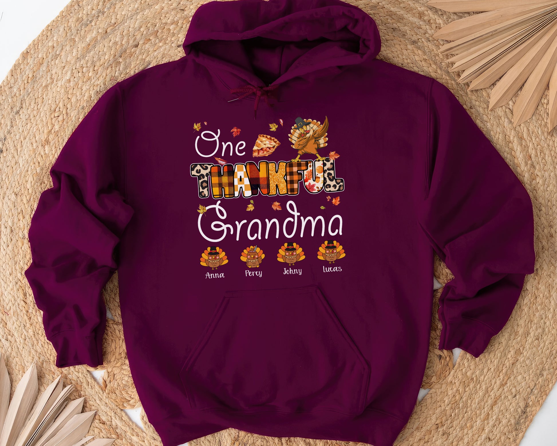 Tee Art Online Autumn One Thankful Grandma with Little Turkey Hoodie | HalloThanksMasCute Turkey Hoodie | Autumn Fall Vintage Retro Teacher Design - Maroon