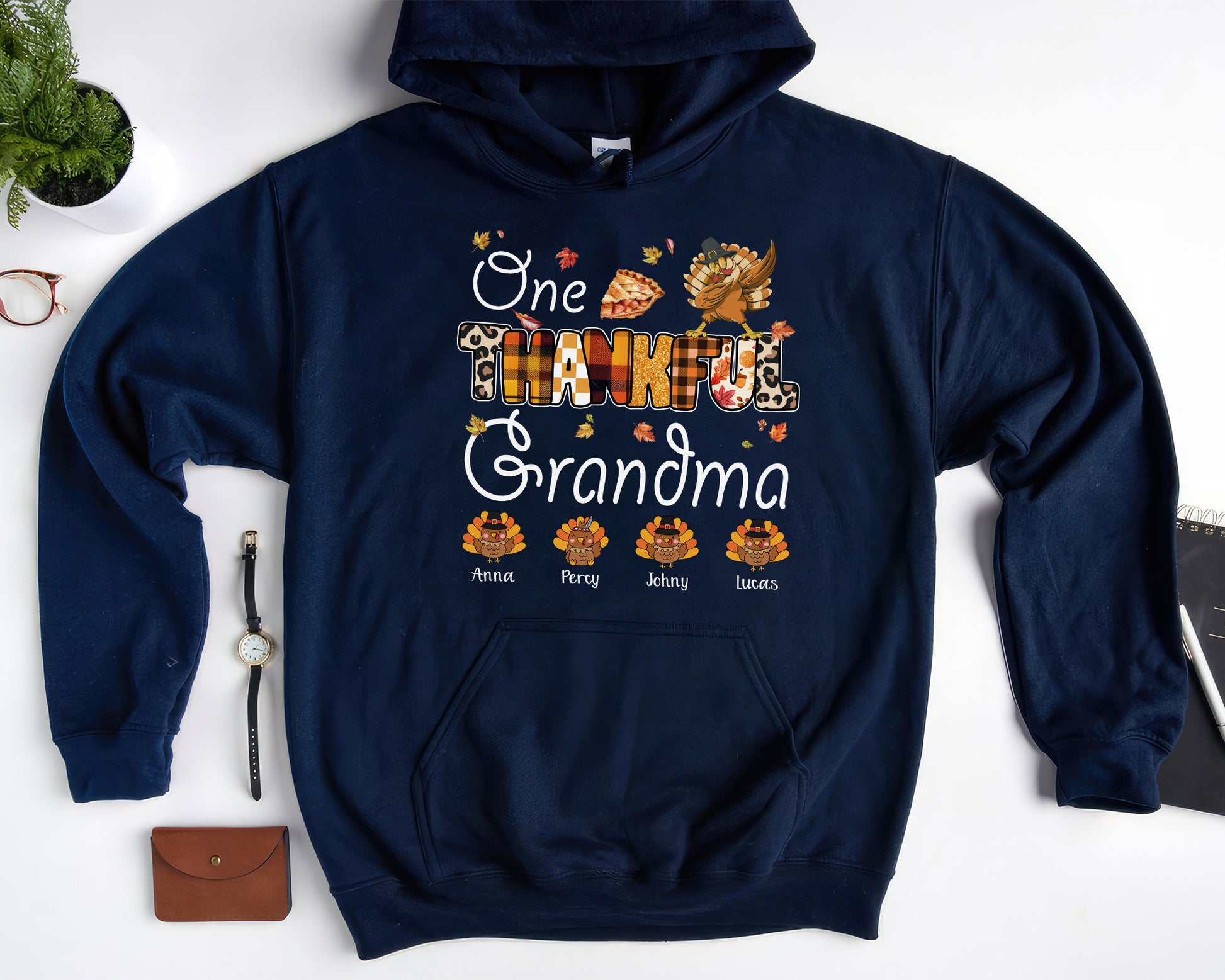 Tee Art Online Autumn One Thankful Grandma with Little Turkey Hoodie | HalloThanksMasCute Turkey Hoodie | Autumn Fall Vintage Retro Teacher Design - Navy