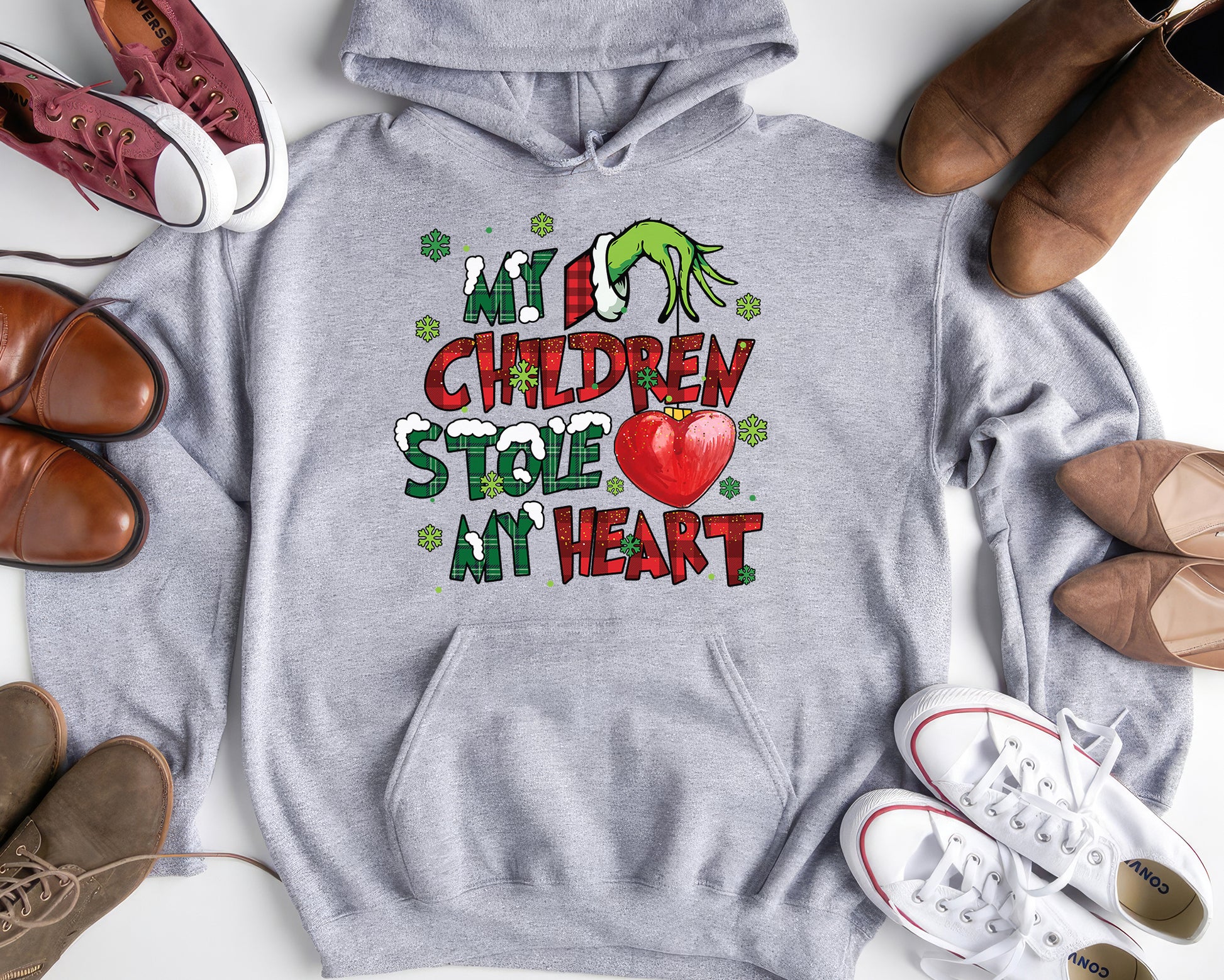 My Children Stole My Heart, Grinch Personalized Shirt, My Students Stole My Heart, Merry Grinchmas Gift, Grinch Hand Tee Hoodie Sweatshirt - Ash