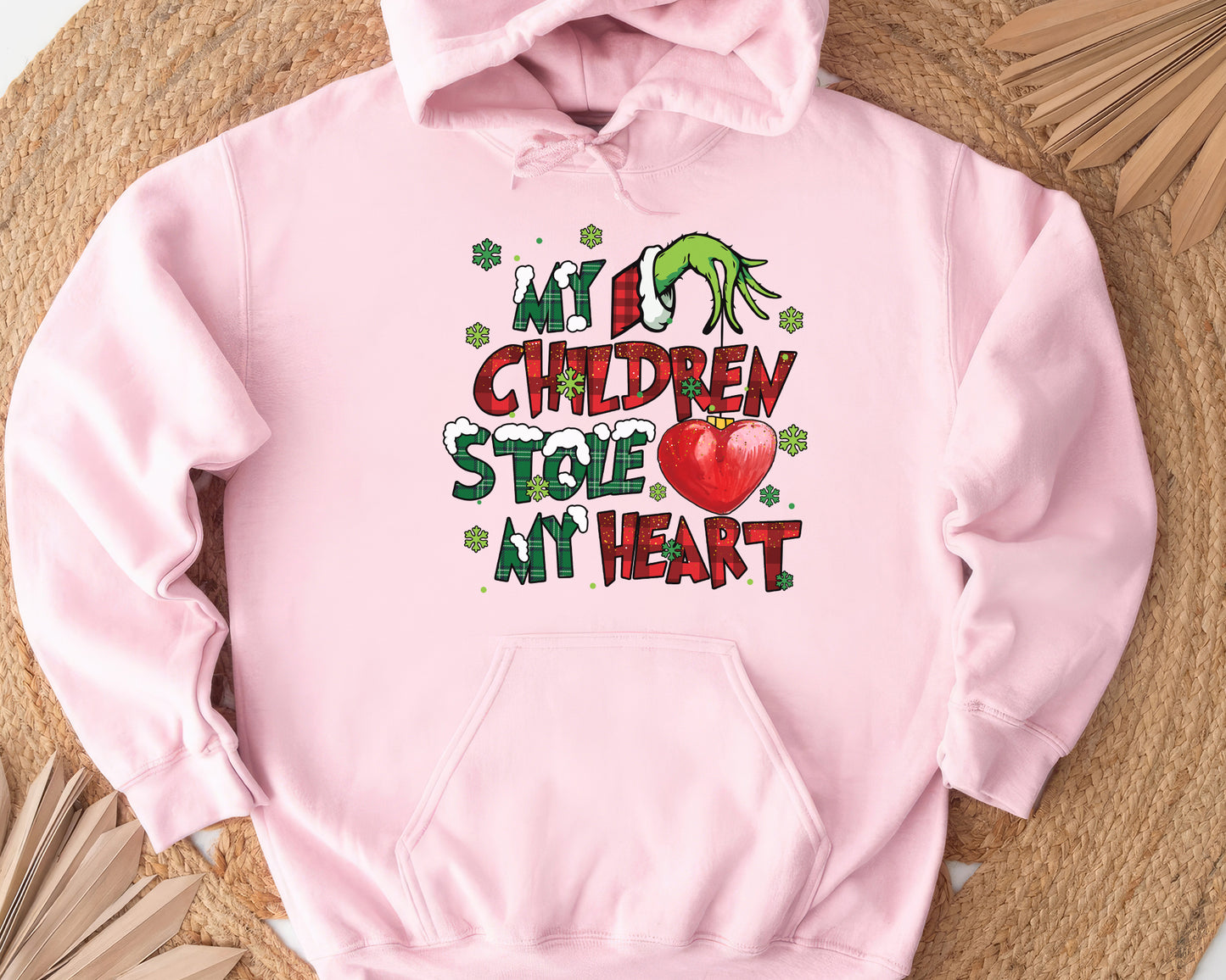 My Children Stole My Heart, Grinch Personalized Shirt, My Students Stole My Heart, Merry Grinchmas Gift, Grinch Hand Tee Hoodie Sweatshirt - Pink