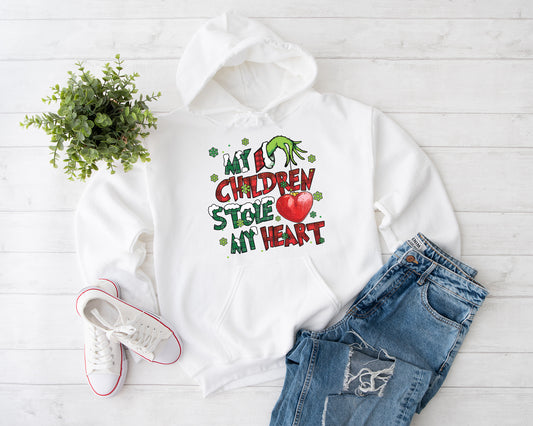 My Children Stole My Heart, Grinch Personalized Shirt, My Students Stole My Heart, Merry Grinchmas Gift, Grinch Hand Tee Hoodie Sweatshirt - White