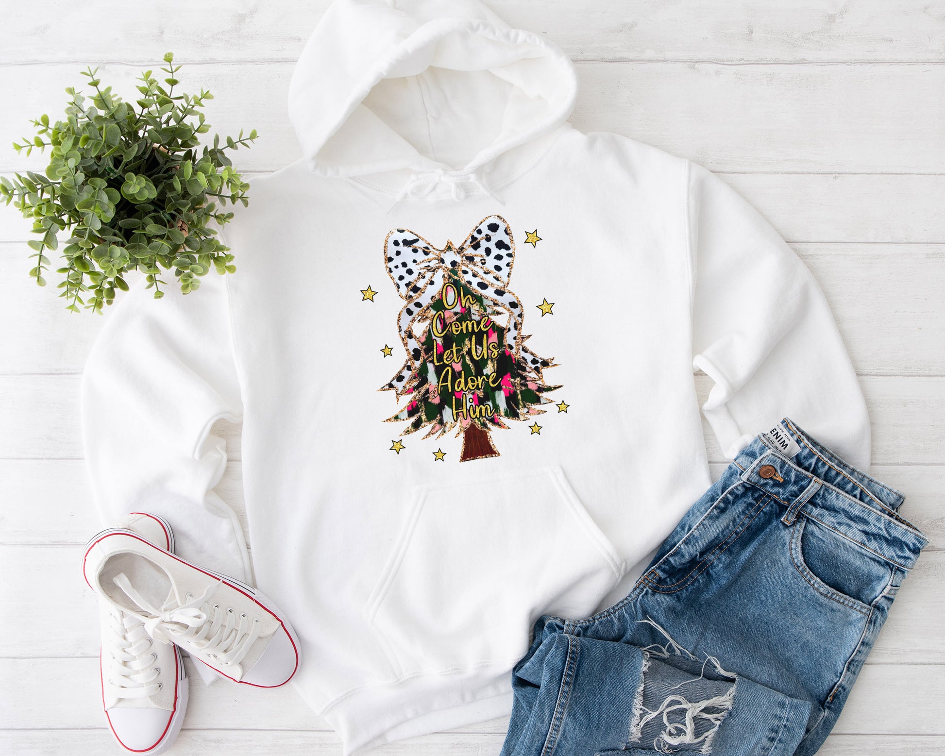 Oh Come Let Us Adore Him Shirt, Watercolor Cute Christmas Tee Sweatshirt Hoodie, Merry Christmas Gift, Holiday Tree Design, Festive Apparel