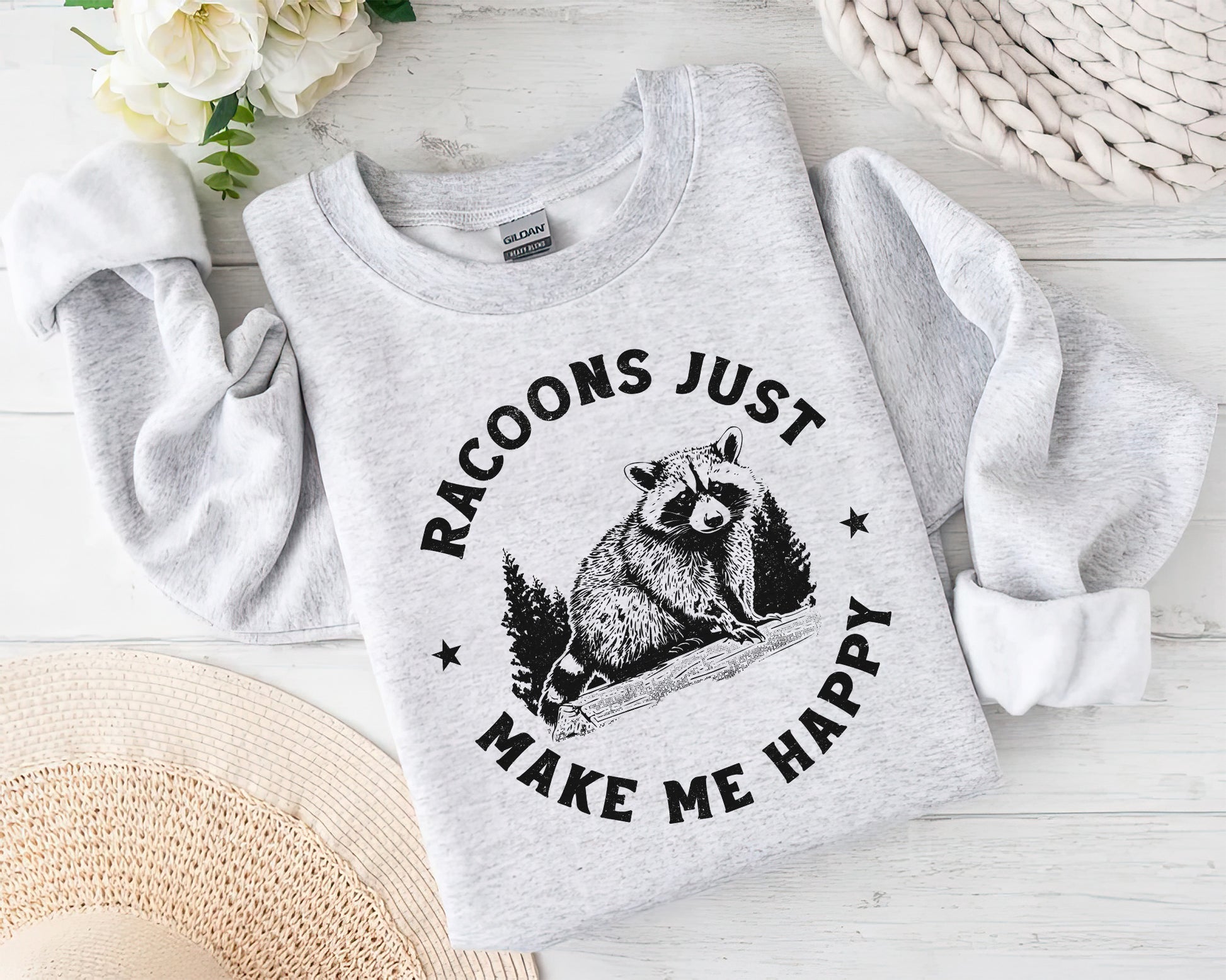 Raccoons Just Make Me Happy Sweatshirt - Ash