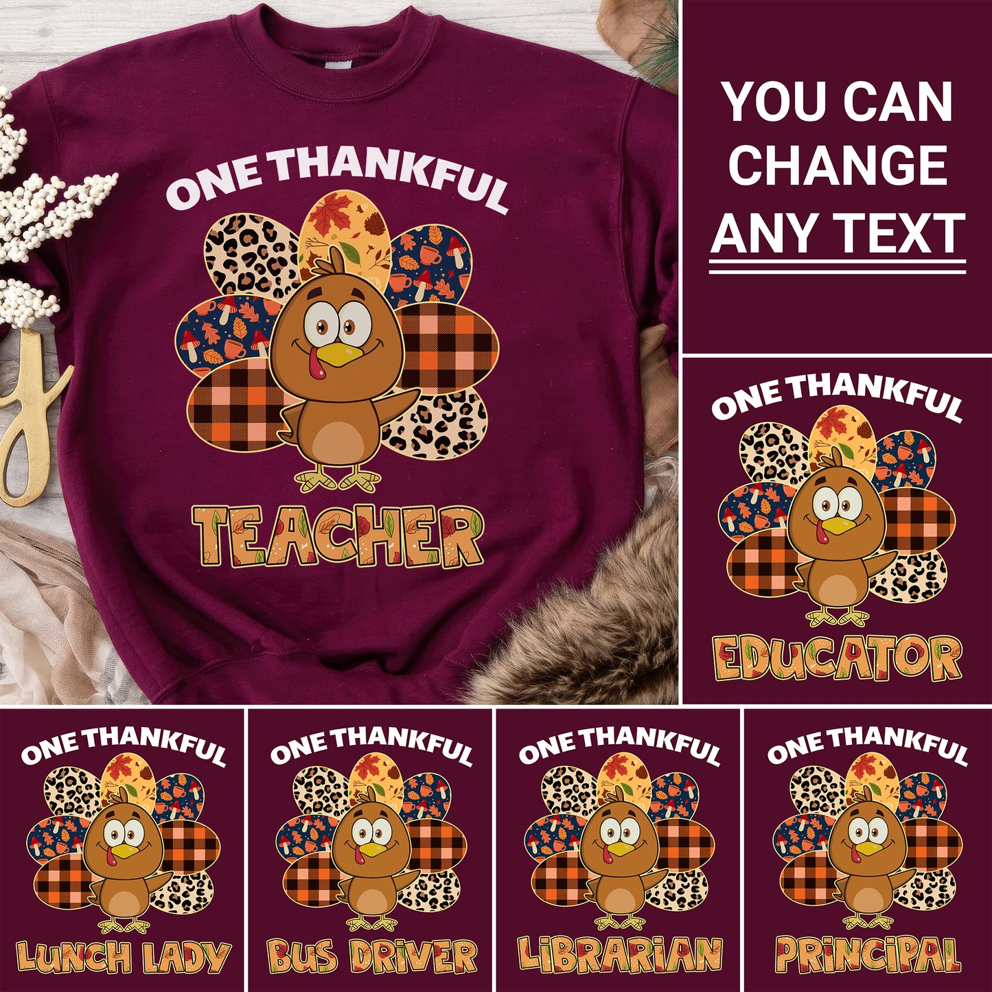 Tee Art Online Autumn One Thankful Turkey Teacher Sweatshirt| HalloThanksMas Halloween Thanksgiving Christmas Autumn Fall Vintage Retro Teacher Design 