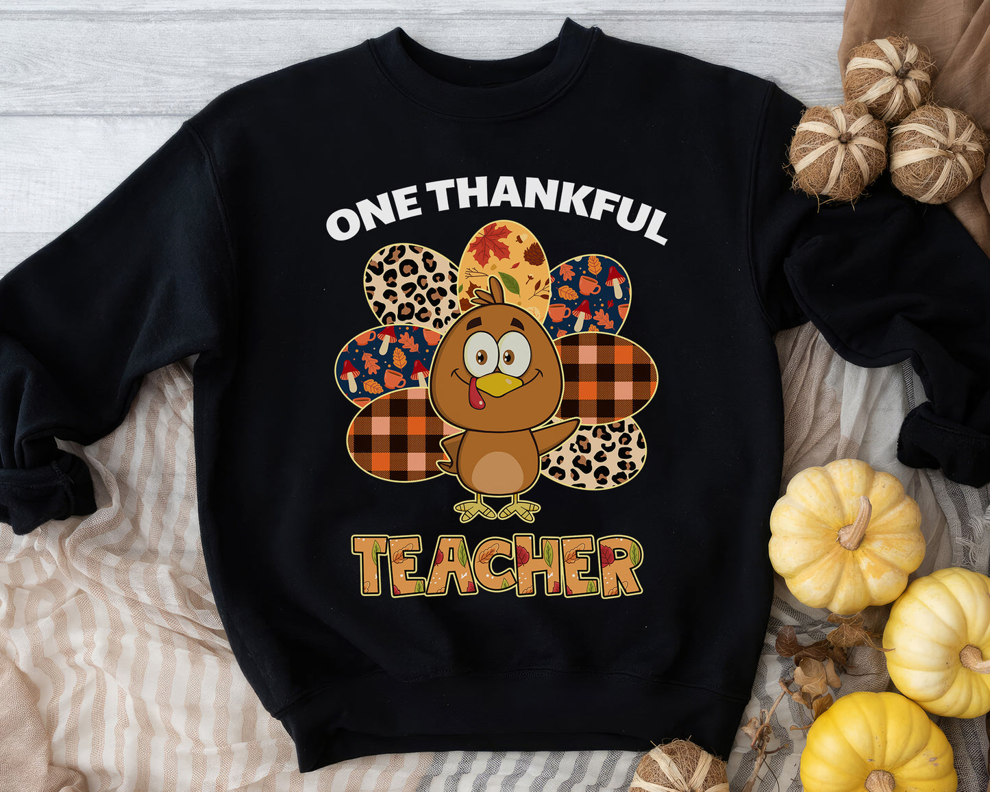 Tee Art Online Autumn One Thankful Turkey Teacher Sweatshirt| HalloThanksMas Halloween Thanksgiving Christmas Autumn Fall Vintage Retro Teacher Design - Black