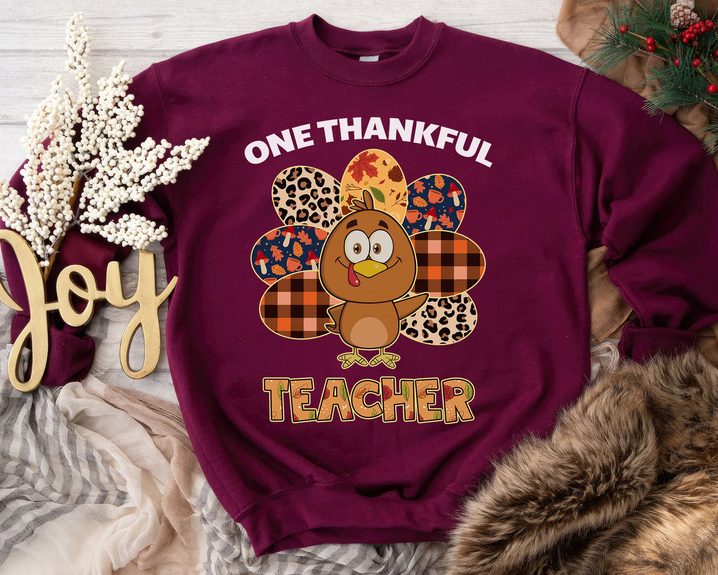 Tee Art Online Autumn One Thankful Turkey Teacher Sweatshirt| HalloThanksMas Halloween Thanksgiving Christmas Autumn Fall Vintage Retro Teacher Design - Maroon