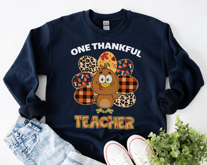 Tee Art Online Autumn One Thankful Turkey Teacher Sweatshirt| HalloThanksMas Halloween Thanksgiving Christmas Autumn Fall Vintage Retro Teacher Design - Navy