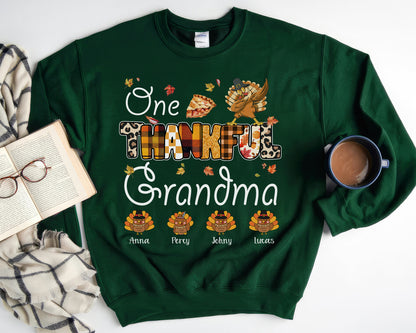 Tee Art Online Autumn One Thankful Grandma with Little Turkey Sweatshirt | HalloThanksMasCute Turkey T-shirt | Autumn Fall Vintage Retro Teacher Design - Forest Green