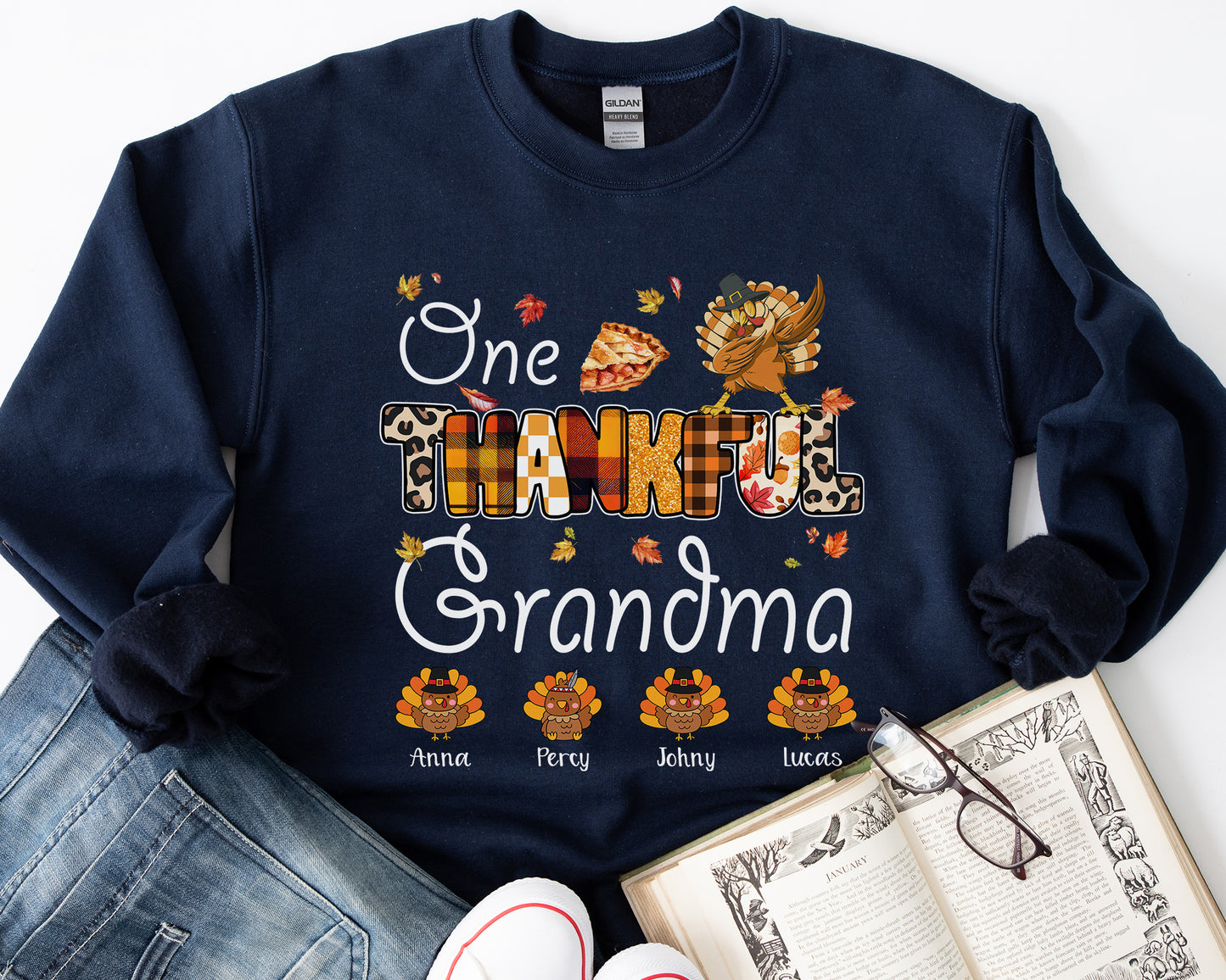 Tee Art Online Autumn One Thankful Grandma with Little Turkey Sweatshirt | HalloThanksMasCute Turkey T-shirt | Autumn Fall Vintage Retro Teacher Design - Navy