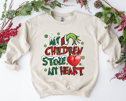 My Children Stole My Heart, Grinch Personalized Shirt, My Students Stole My Heart, Merry Grinchmas Gift, Grinch Hand Tee Hoodie Sweatshirt - Beige