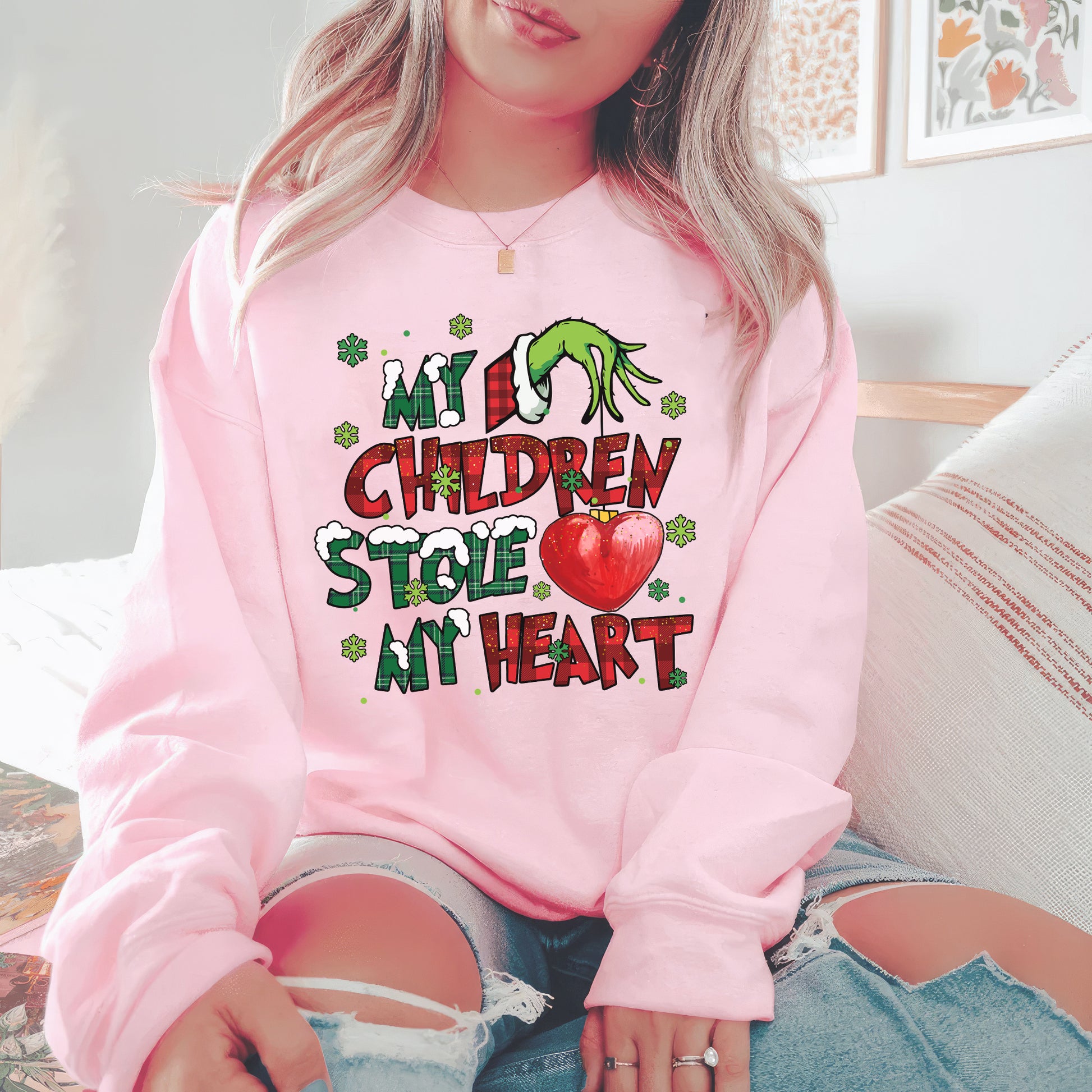 My Children Stole My Heart, Grinch Personalized Shirt, My Students Stole My Heart, Merry Grinchmas Gift, Grinch Hand Tee Hoodie Sweatshirt - pink