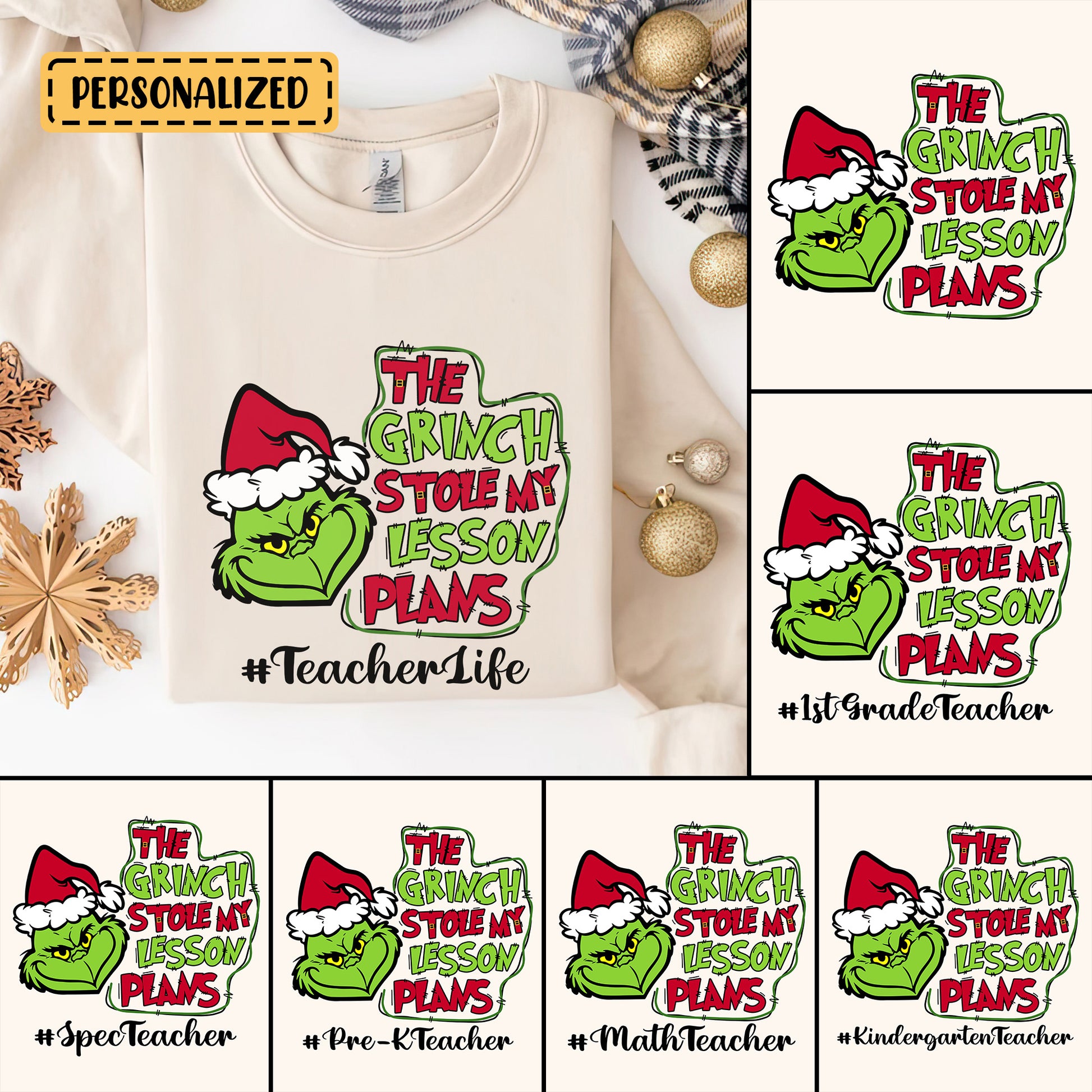 The Grinch Stole My Lesson Plans, Christmas Grinch Personalized Shirt, Funny Teacher Life Personalized Shirt, Merry Grinchmas Custom Gift