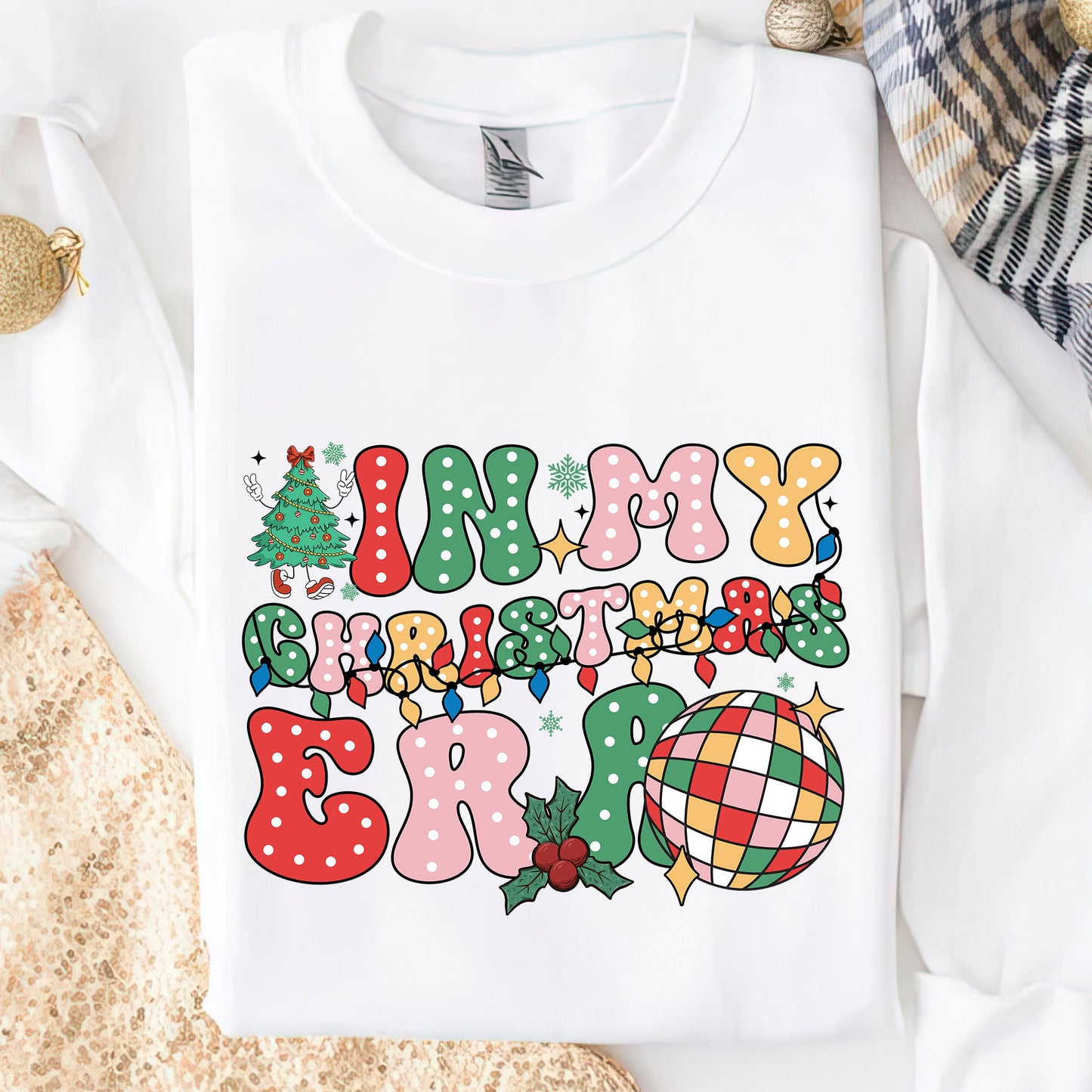 In My Christmas Era Retro Shirt, Boho Hippie Holiday Tee Sweatshirt Hoodie, Vintage Style, Merry Christmas Graphic Top, Sparkling Disco Ball.