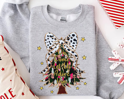 Oh Come Let Us Adore Him Shirt, Watercolor Cute Christmas Tee Sweatshirt Hoodie, Merry Christmas Gift, Holiday Tree Design, Festive Apparel