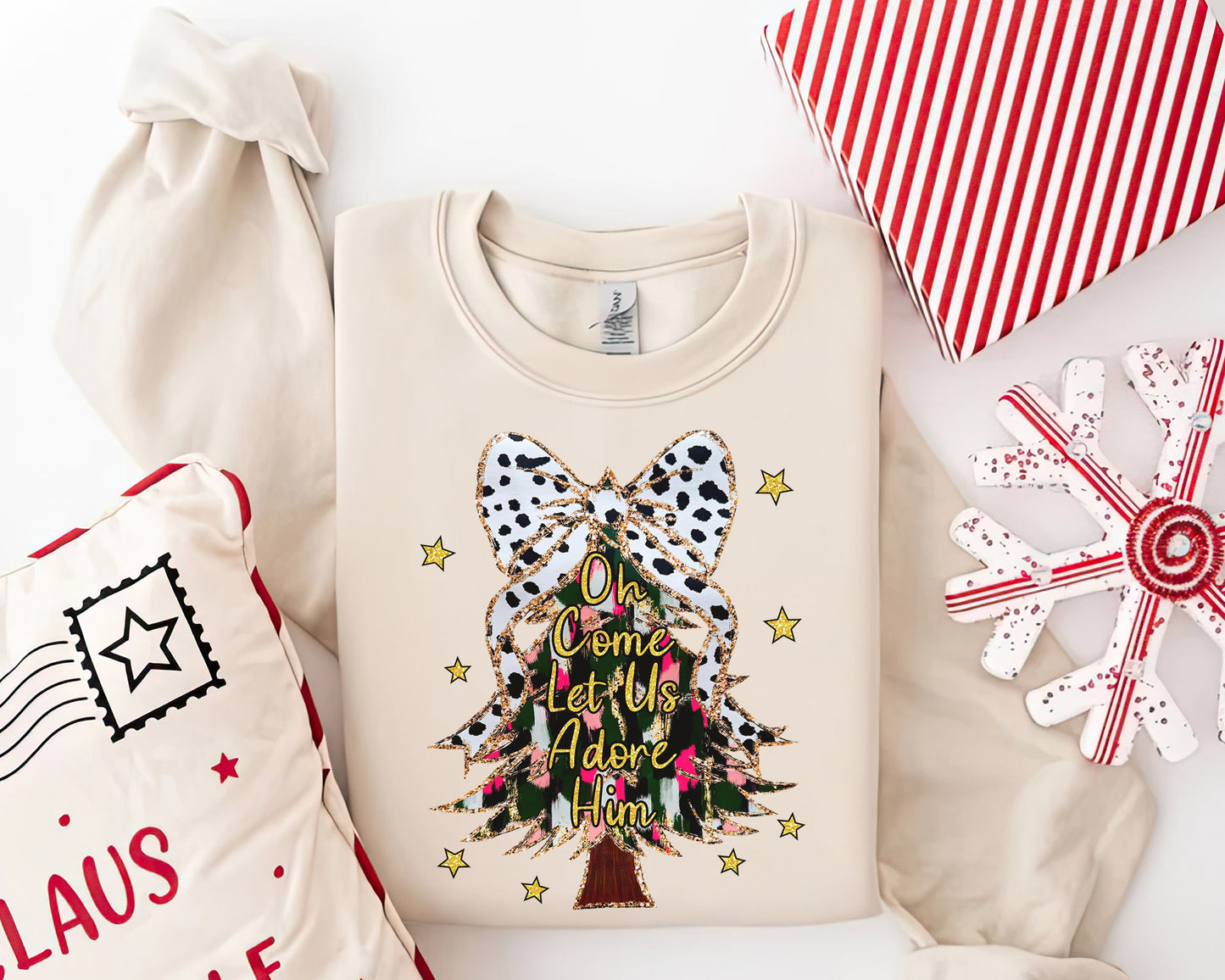 Oh Come Let Us Adore Him Shirt, Watercolor Cute Christmas Tee Sweatshirt Hoodie, Merry Christmas Gift, Holiday Tree Design, Festive Apparel