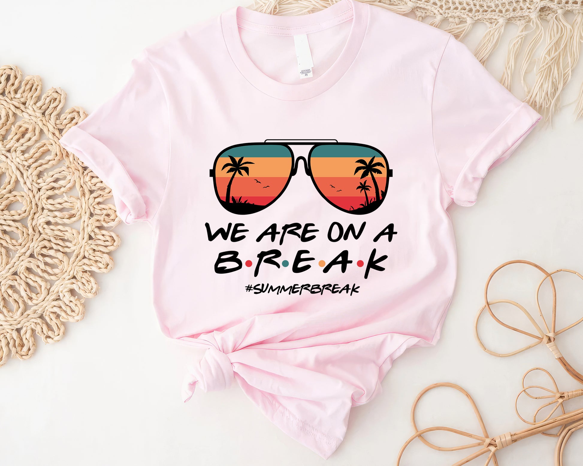 Tee Art Online - Retro We Are On A Break Tee | Vintage Summer Break T-shirts | Bye Bye School Hello Summer Retro Sunset Beach T-shirts - Pink