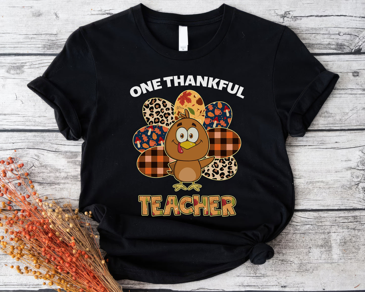 Tee Art Online Autumn One Thankful Turkey Teacher Tee | Hallothanksmas Halloween Thanksgiving Christmas Autumn Fall Vintage Retro Teacher Design - black