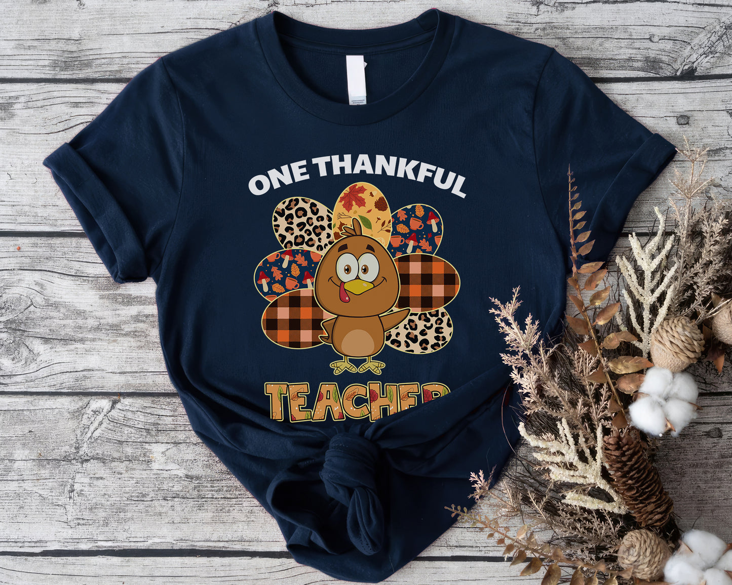 Tee Art Online Autumn One Thankful Turkey Teacher Tee | Hallothanksmas Halloween Thanksgiving Christmas Autumn Fall Vintage Retro Teacher Design - navy