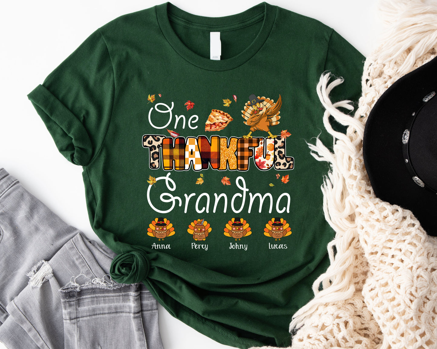 Autumn One Thankful Grandma with Little Turkey Tee | HalloThanksMas Cute Turkey T-shirt | Autumn Fall Vintage Retro Teacher Design - Forest Green